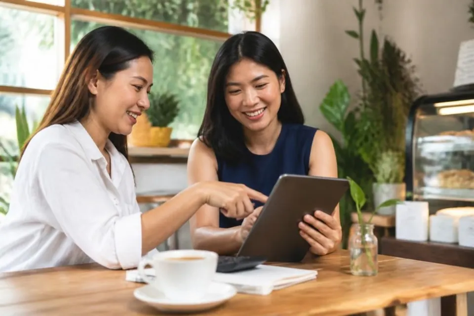Two women in a cafe look through profiles together on a tablet.
