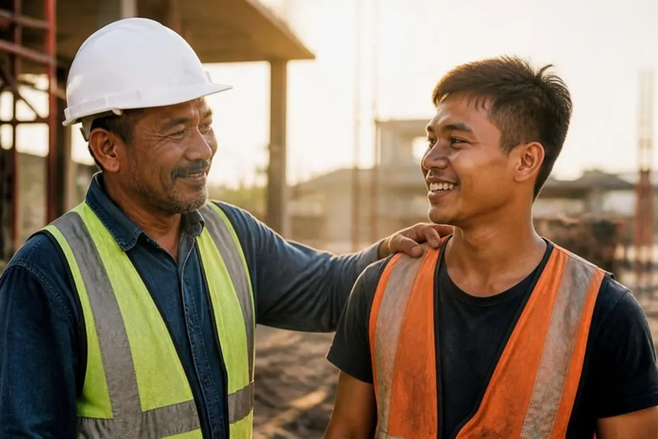 A foreman with a hand on a younger worker’s shoulder, both smiling on site at dusk.