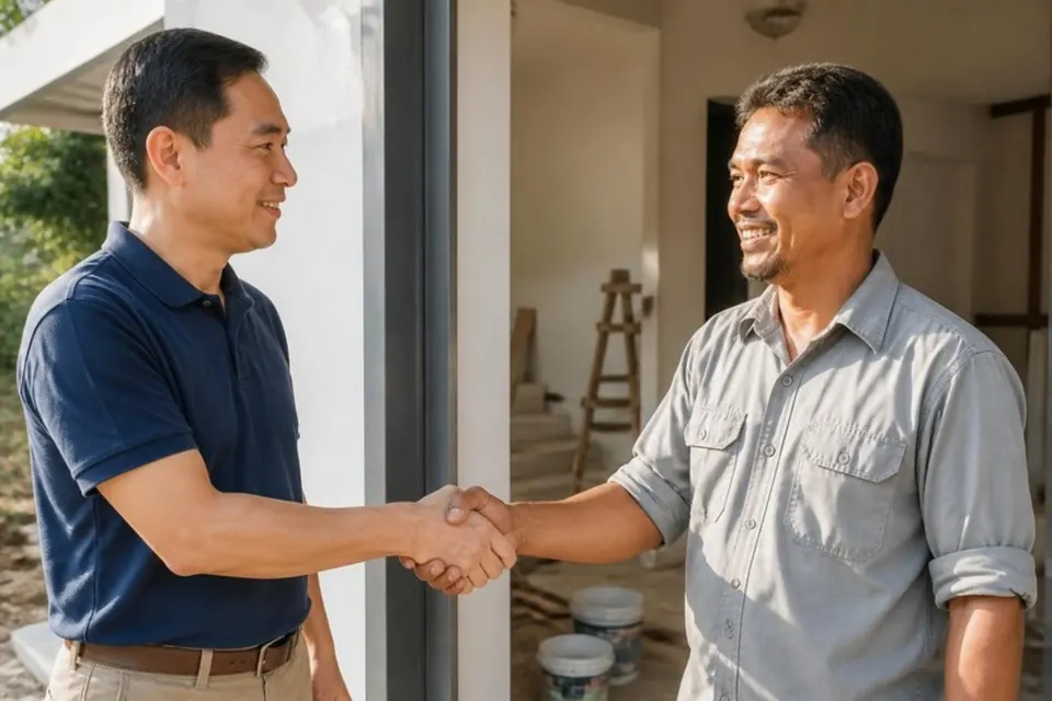 A homeowner and a tradesman shake hands at the door of a house under renovation.