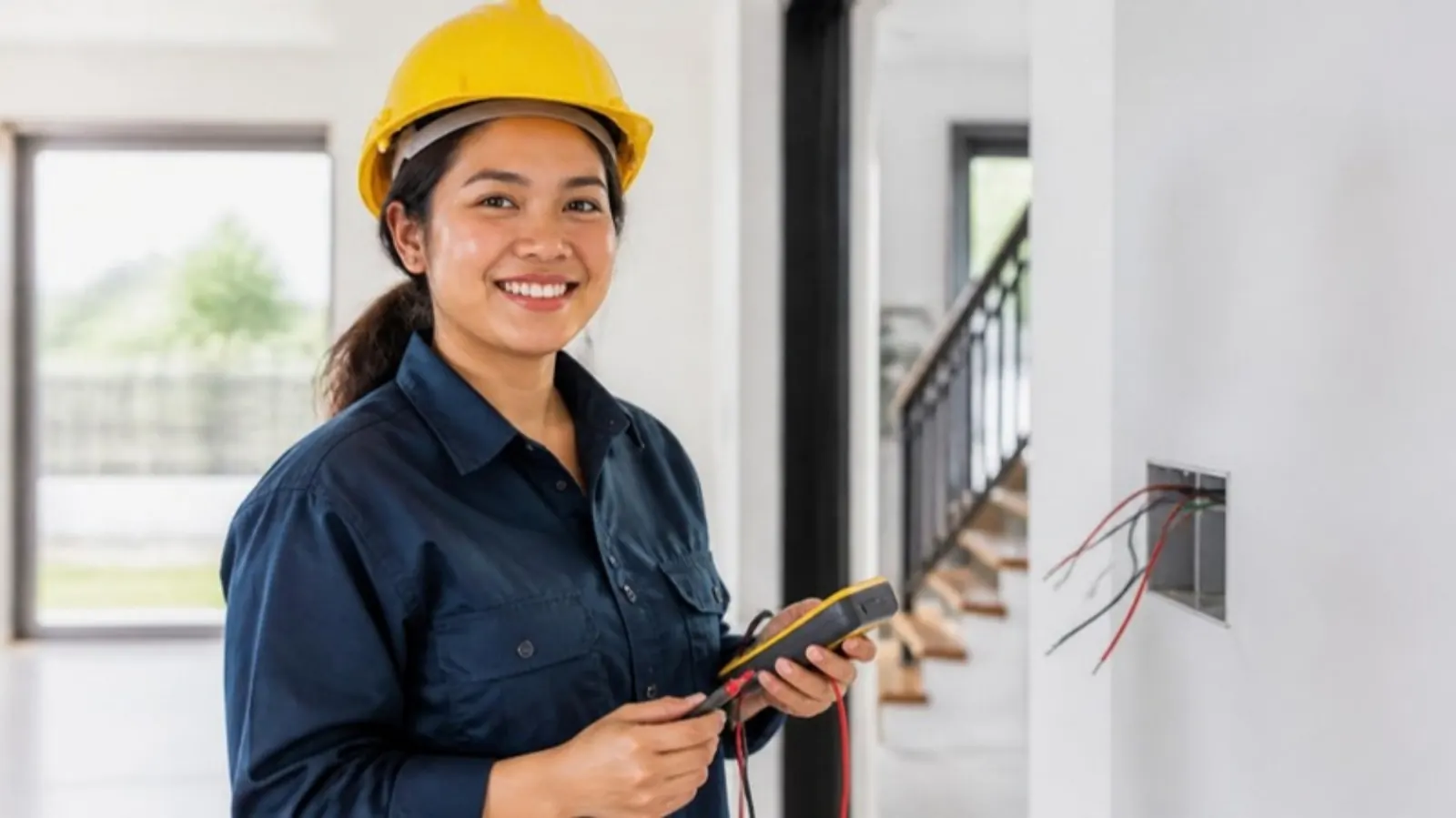 An electrician in a hard hat smiles while testing wiring in a newly built home.