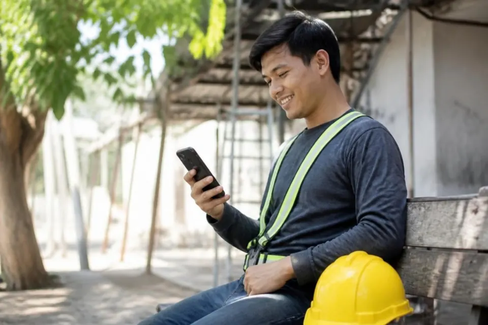 A construction worker on a break reads something on his phone, hard hat beside him.